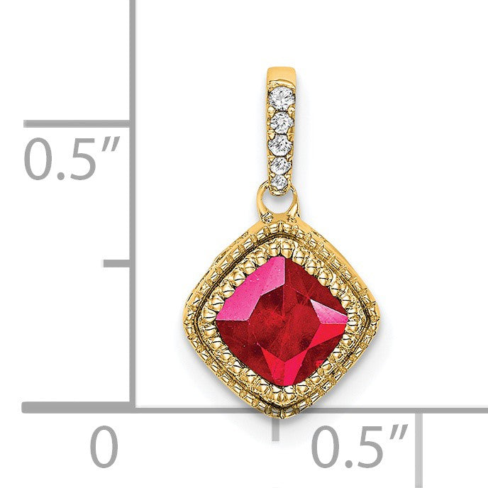 14k Cushion Ruby and Diamond Pendant with Side Diamond Detail