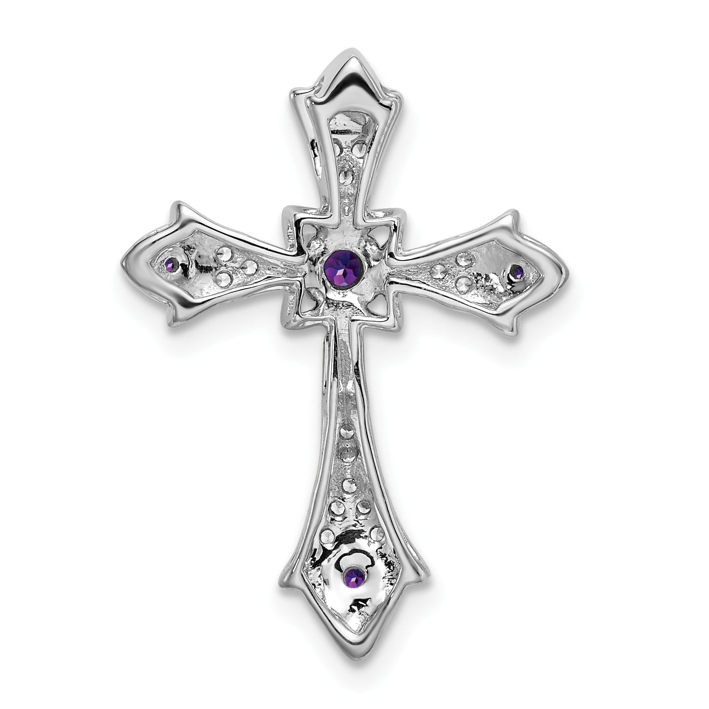 14k White Gold Round Amethyst and Diamond Fleur de Lis Cross Chain Slide