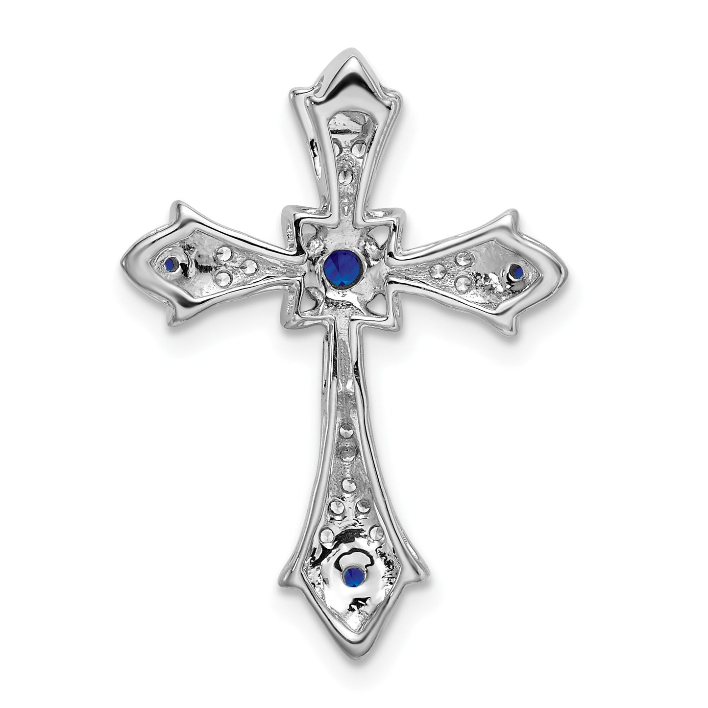 14k White Gold Round Sapphire and Diamond Fleur de Lis Cross Chain Slide