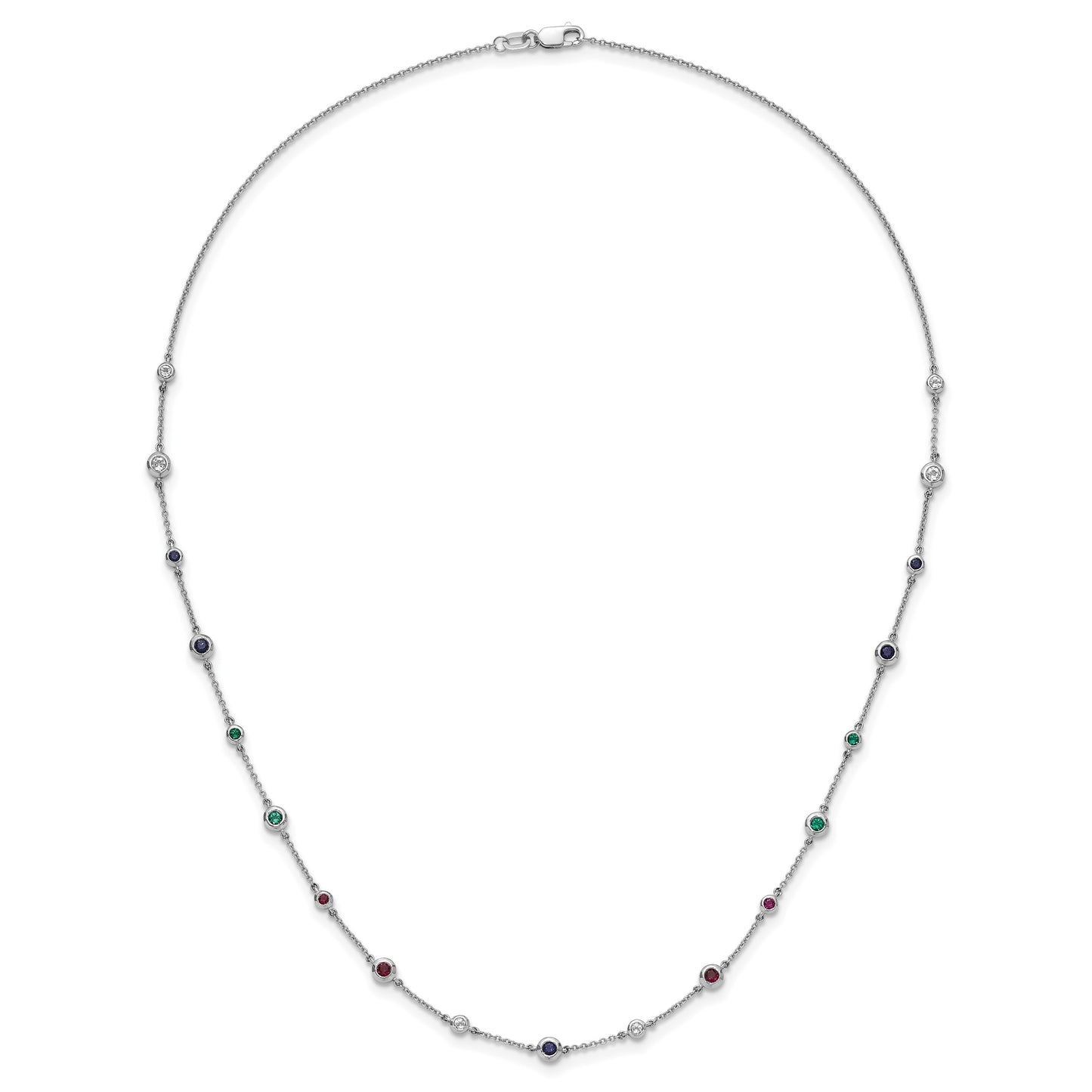14k White Gold Ruby/Sapphire/Emerald/White Topaz 18 inch Station Necklace