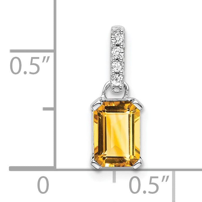 14k White Gold 7x5 Emerald-cut November/Citrine and Diamond Pendant