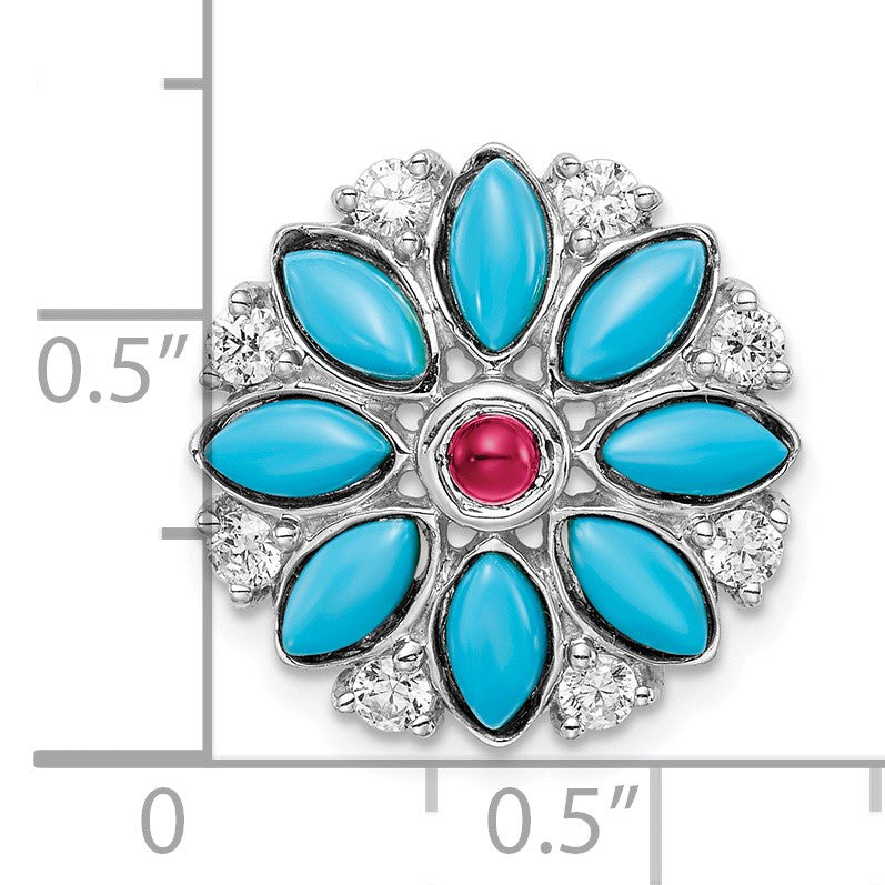 14k White Gold Turquoise/Lab Created Ruby/White Topaz Floral Chain Slide