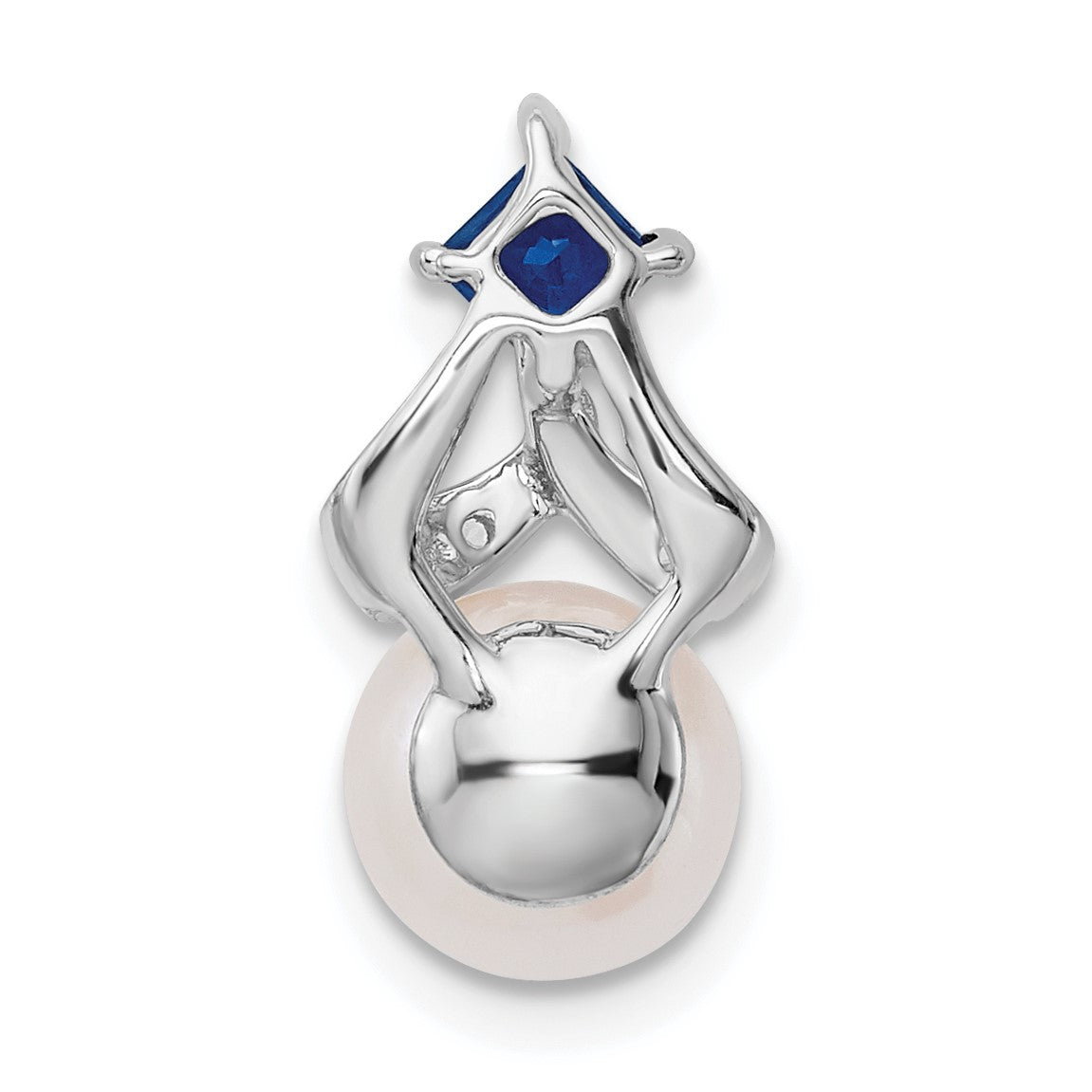 14k White Gold 7-8mm Round White Freshwater Cultured Pearl/Square Sapphire/Diamond Chain Slide