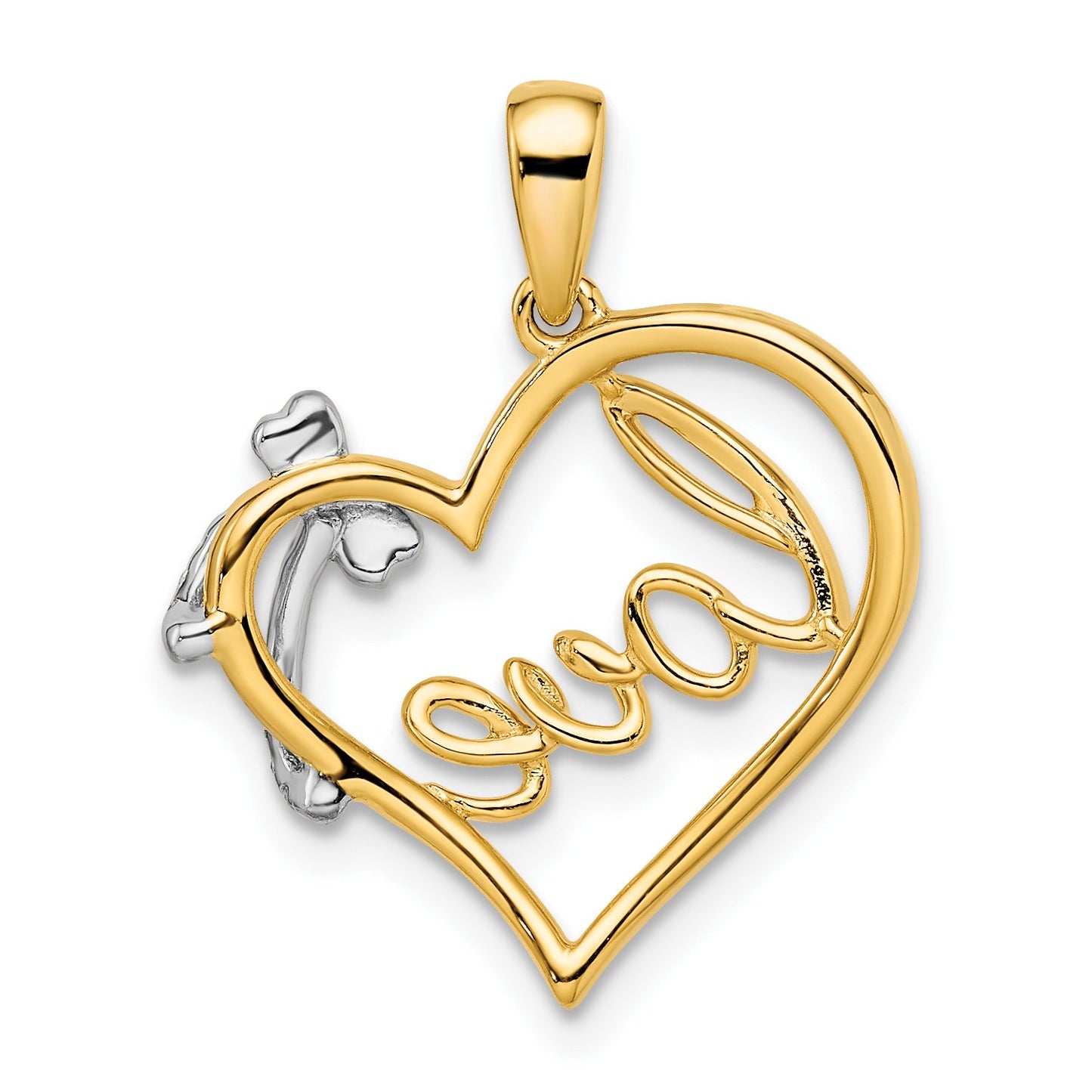 14k Two-tone LOVE Script Heart with Diamond Bow Pendant