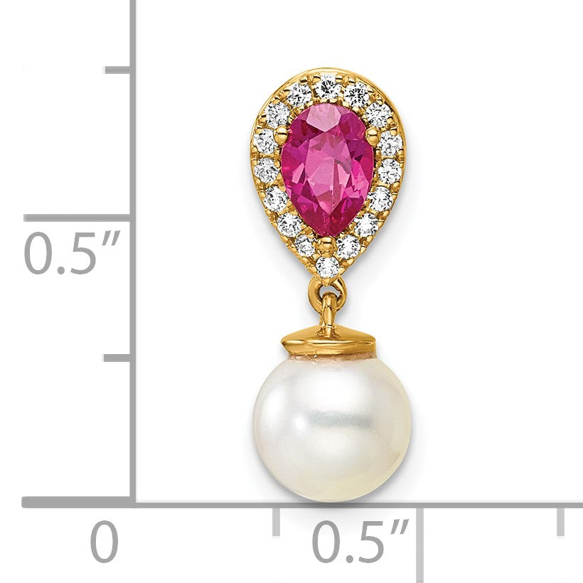 14K 6-7mm Round White Freshwater Cultured Pearl/Pear Ruby/Diamond Teardrop Chain Slide