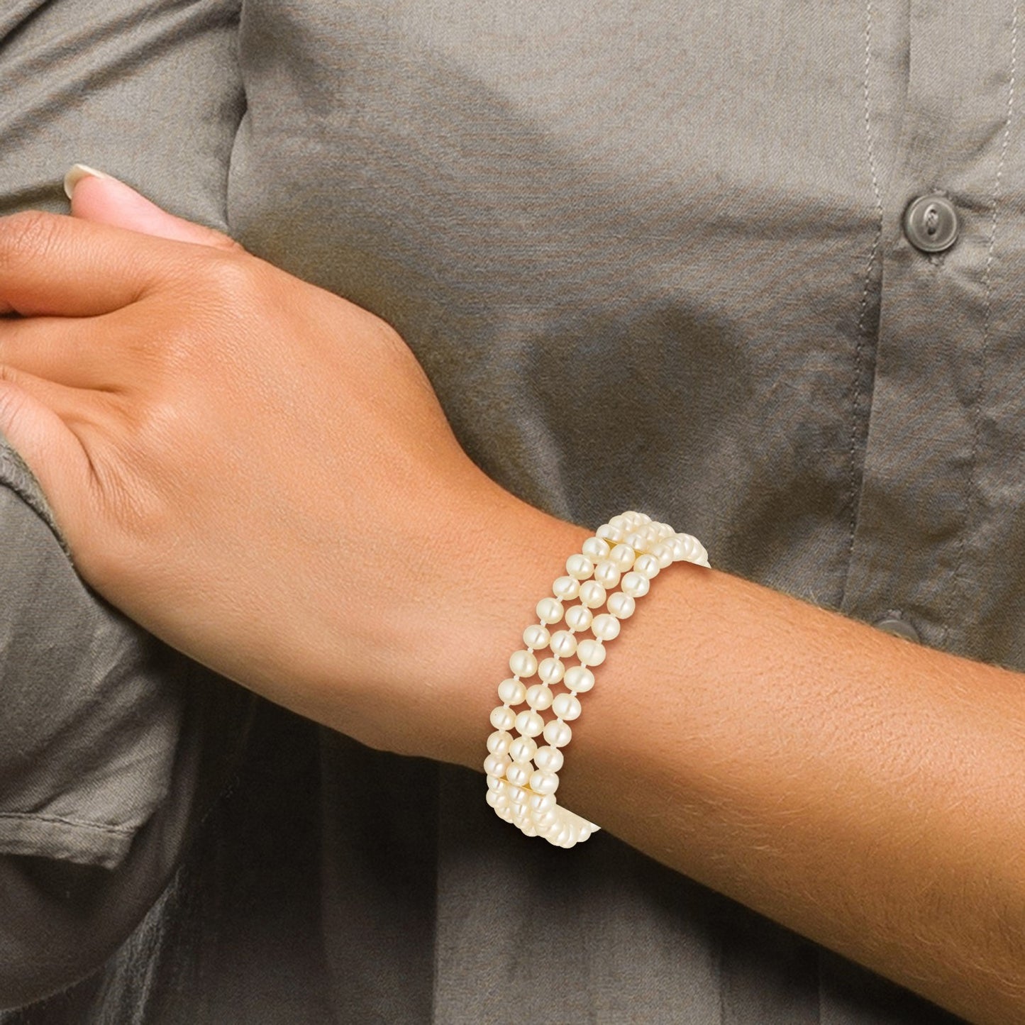 14k 5-6mm White Near-Round Freshwater Cultured Pearl 3-Strand 7.5 inch Bracelet
