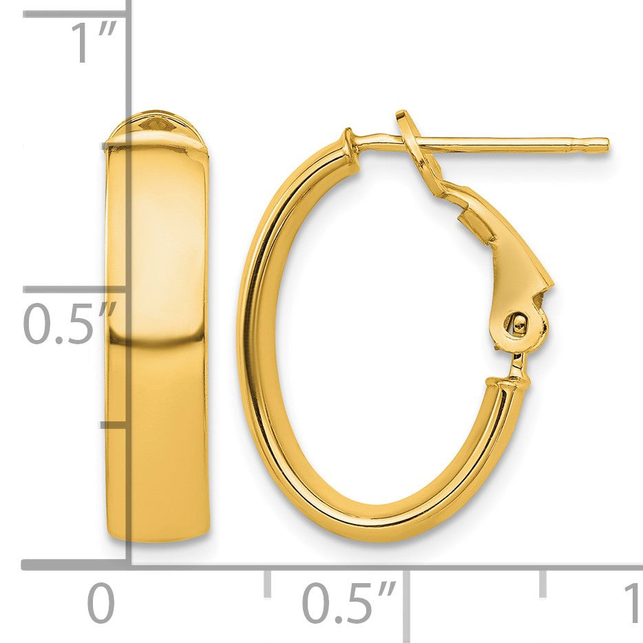 14k 5x19mm High Polished Oval Omega Back Tube Hoop Earrings