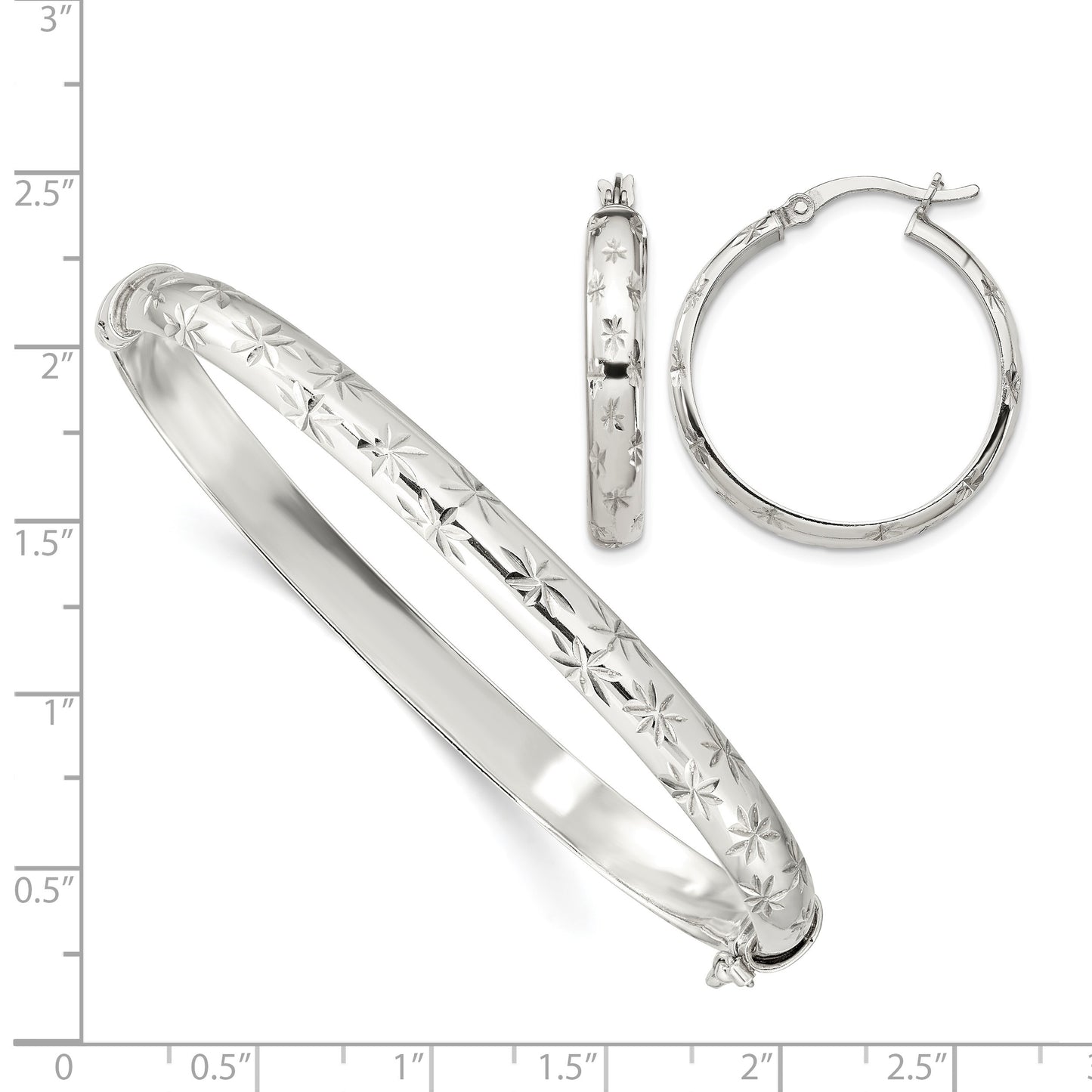Sterling Silver D/C 6mm Bangle and 4mm Hoop Earring Set