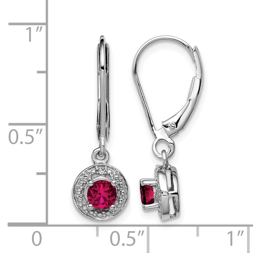 Sterling Silver Rhodium Plated Lab Created Ruby and Diamond Halo Dangle Leverback Earrings