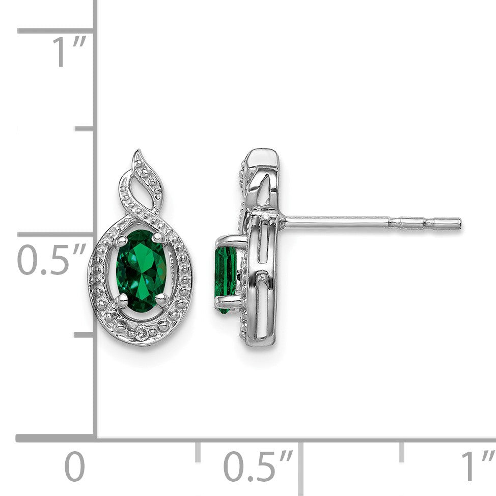 Sterling Silver Rhodium-plated Created Emerald & Diam. Earrings