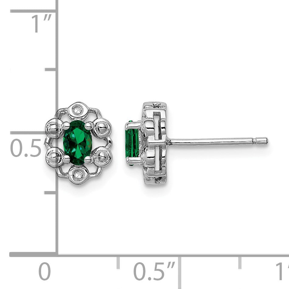 Sterling Silver Rhodium-plated Created Emerald & Diam. Earrings