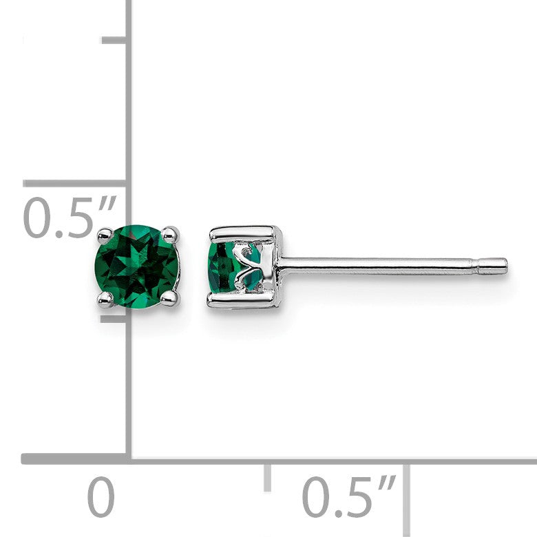 Sterling Silver Rhodium-plated 4mm Round Created Emerald Post Earrings