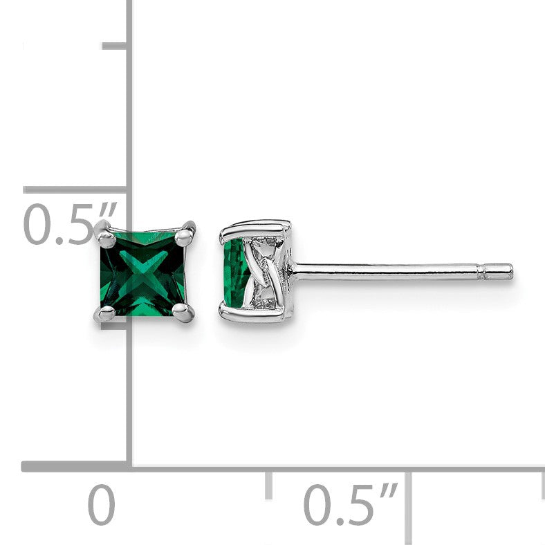Sterling Silver Rhod-pltd 4mm Princess Created Emerald Post Earrings