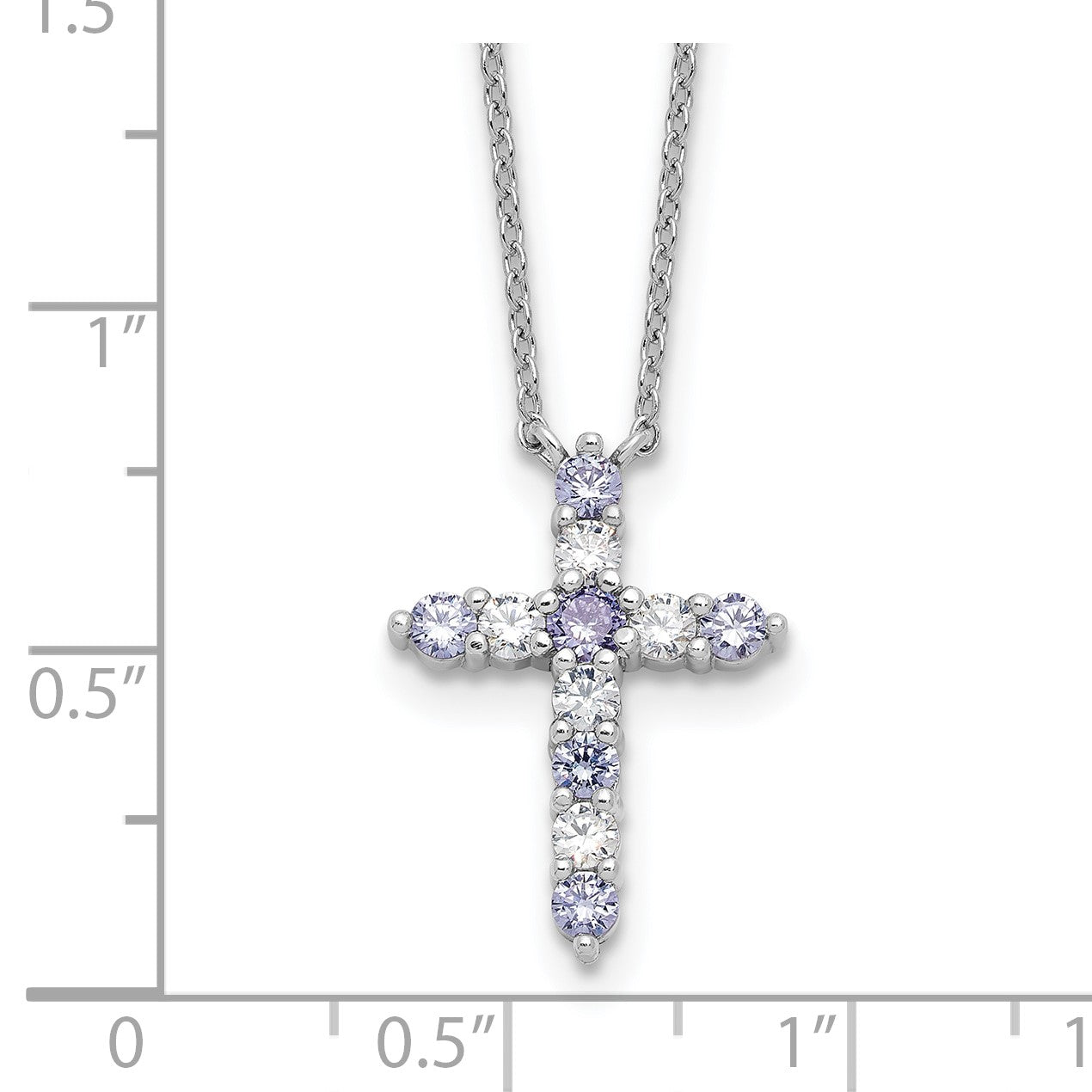 SS Rhodium-plated Lavender CZ June Birthstone Cross w/2in ext Necklace