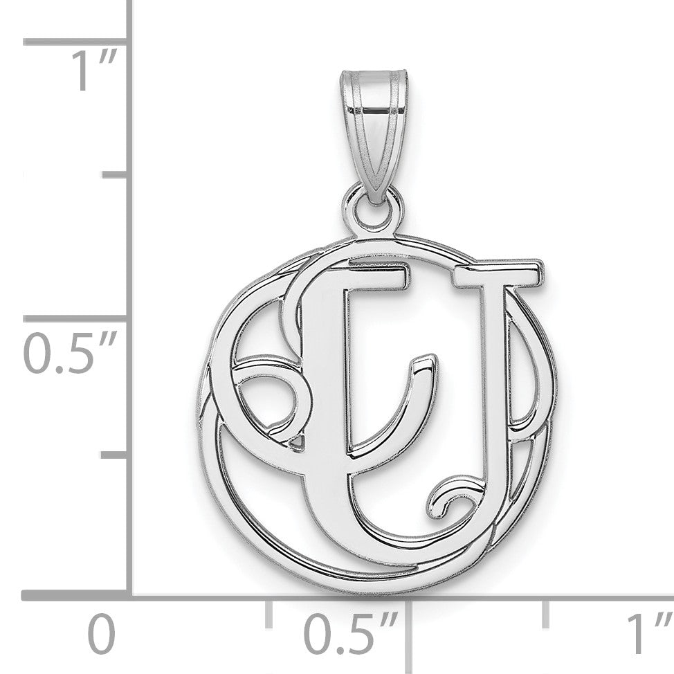 Small Sterling Silver Rhodium-plated Fancy Script Letter U Initial Pendant
