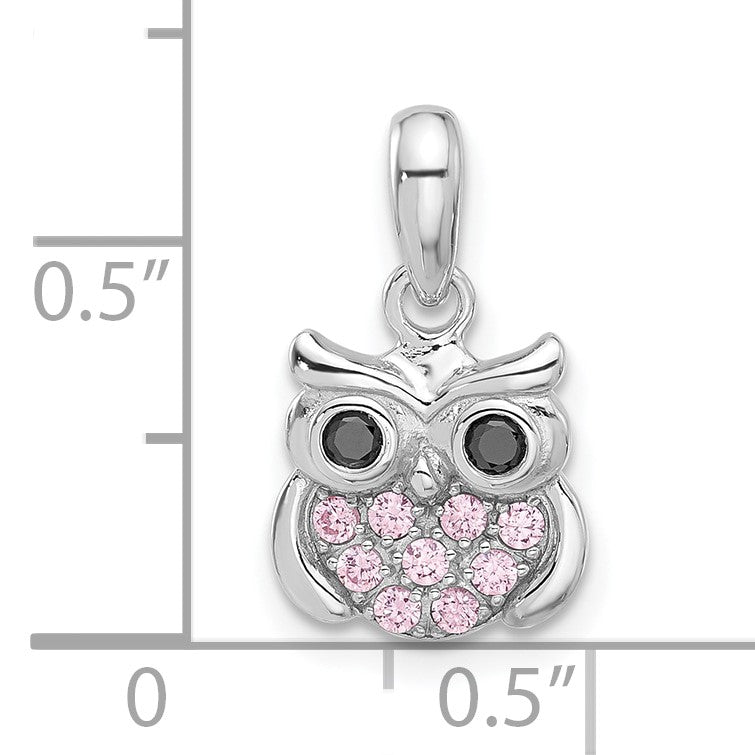 Sterling Silver Rhodium-plated Pink/Black CZ Owl Pendant
