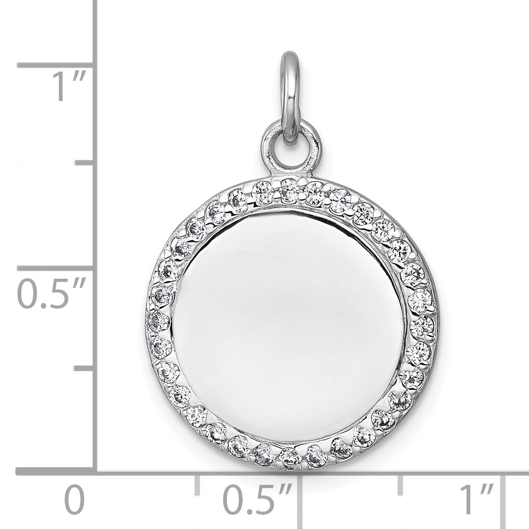 Sterling Silver Rhodium-plated Polished CZ Engraveable Circle Pendant