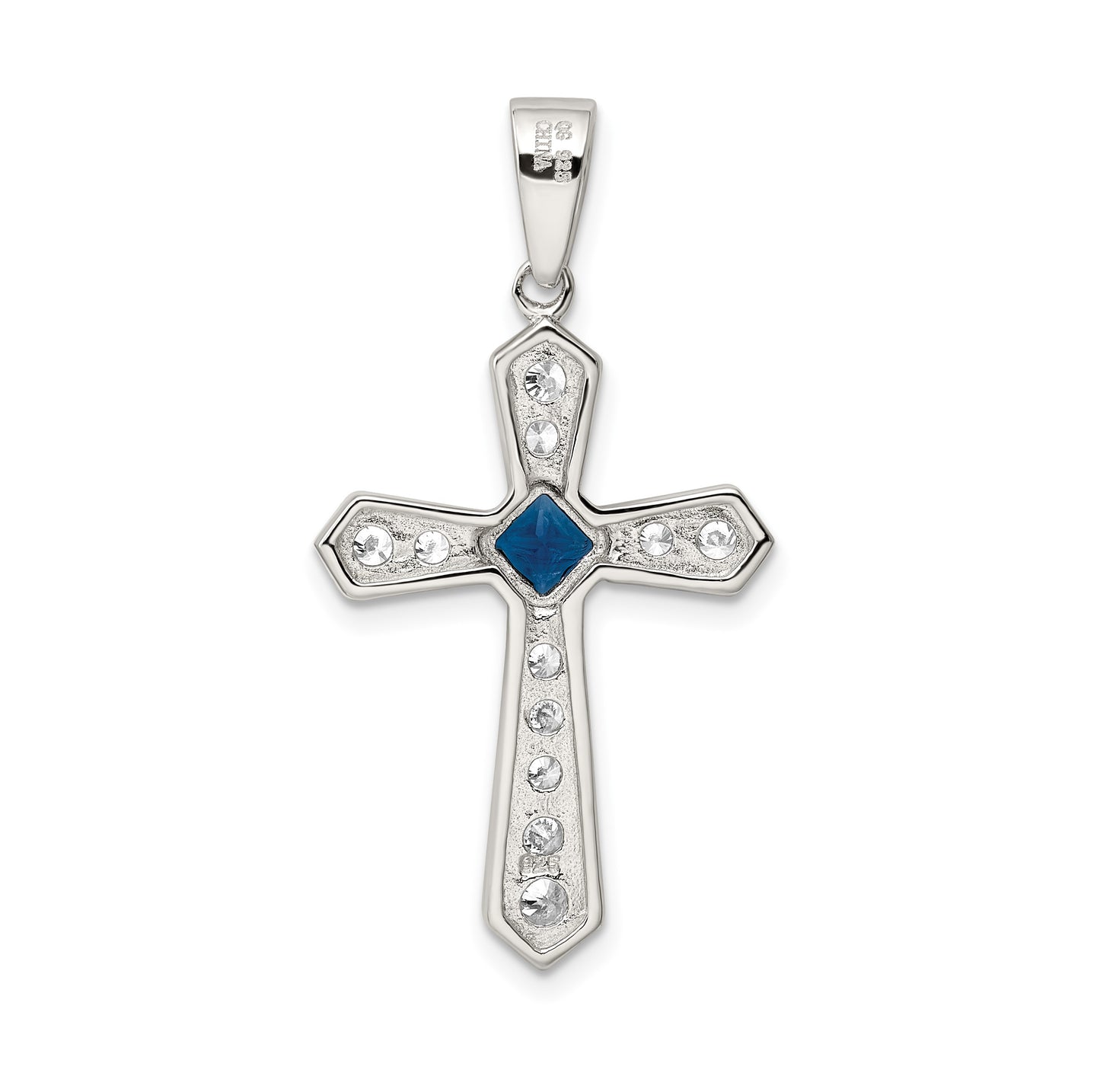 Sterling Silver Rhodium-plated Blue CZ Center & CZ Passion Cross Pendant