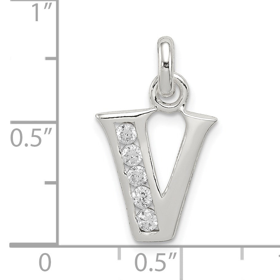 Sterling Silver White CZ Letter V Initial Pendant