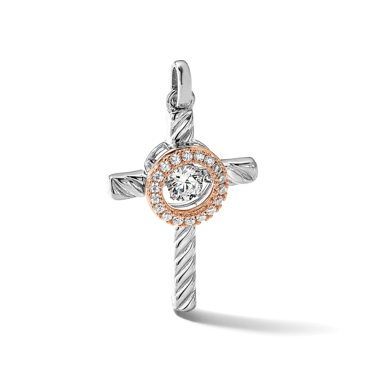 Sterling Silver Plat-plate Rose & Gold-tone Vibrant CZ Cross Pendant