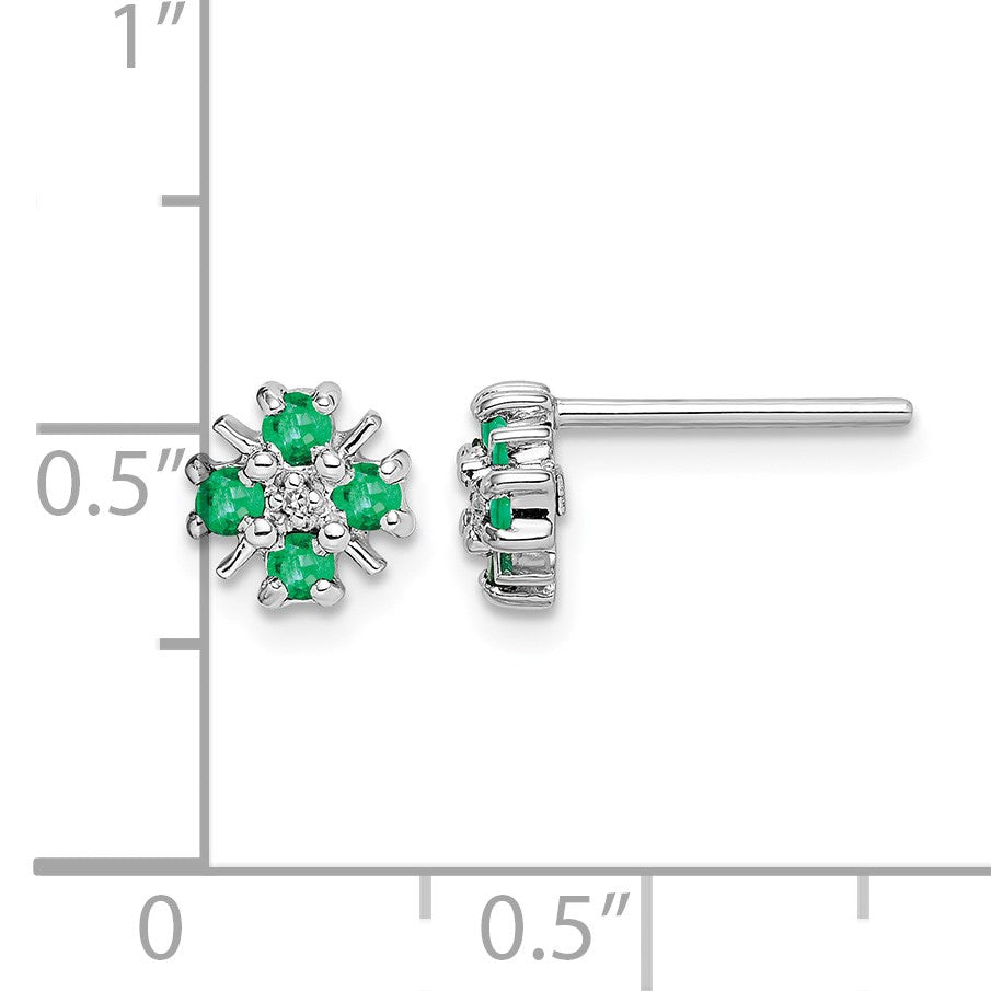 Sterling Silver Rhodium Emerald & Diamond Post Earrings