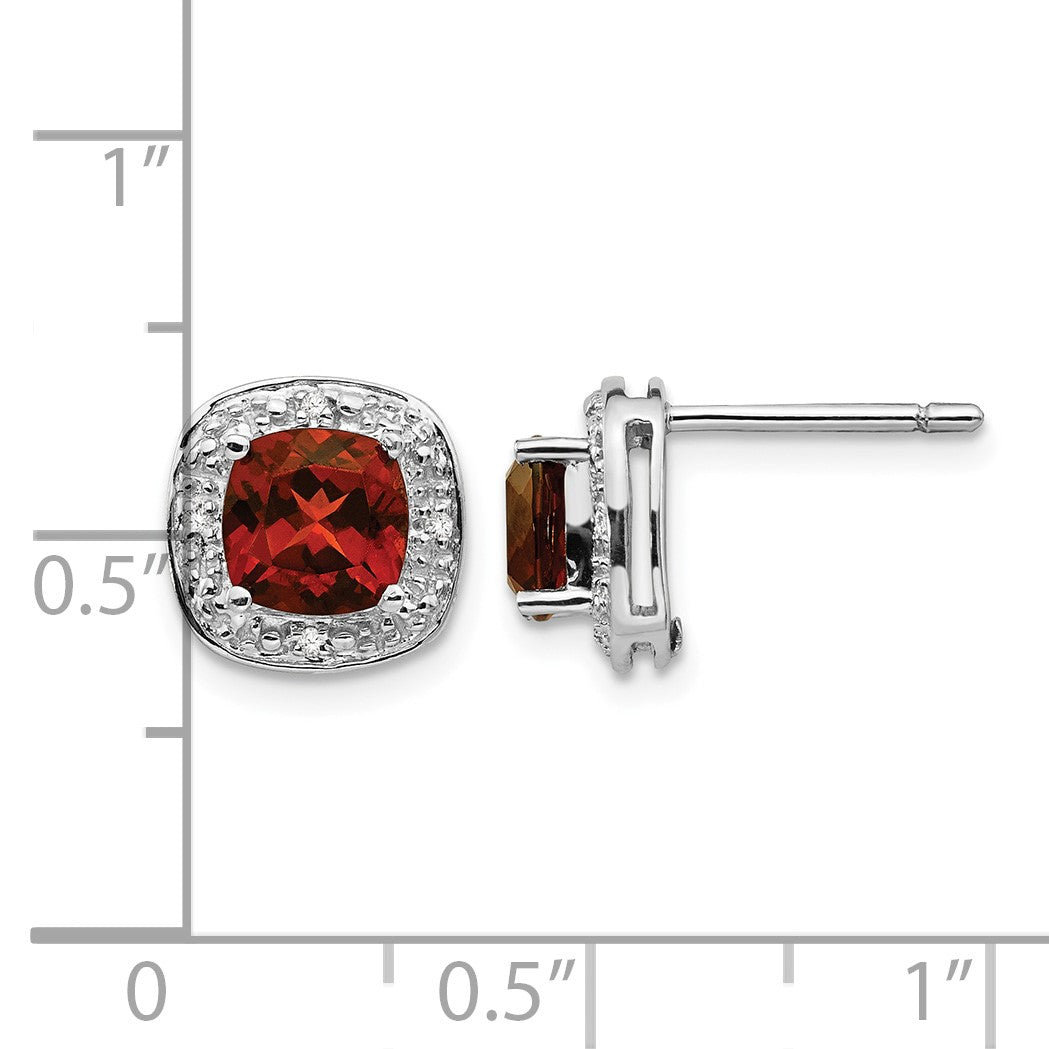 Sterling Silver Rhodium Plated Garnet and Diamond Post Earrings