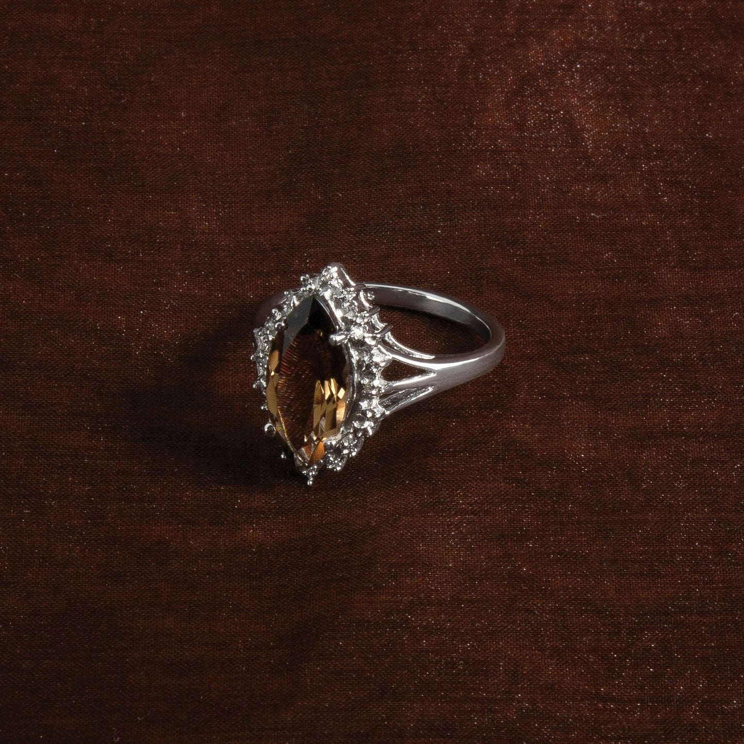 Sterling Silver Rhodium Smoky Quartz Diamond Ring
