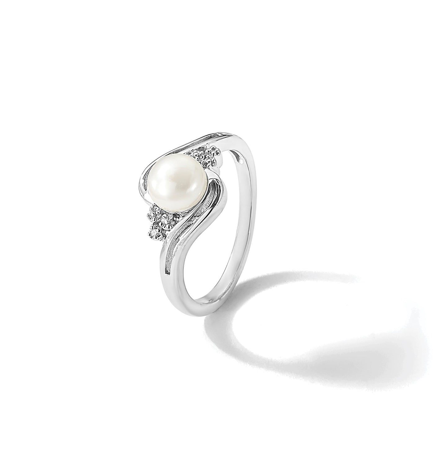 Sterling Silver Rhodium 6mm FW Cultured Button Pearl & Diamond Ring