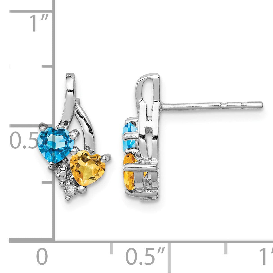 Sterling Silver Rhodium-plated Blue Topaz and Citrine Diamond Earrings