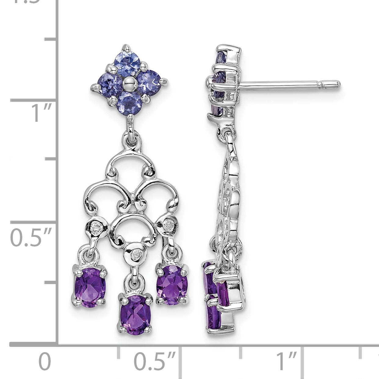 Sterling Silver RH Plated Amethyst Iolite and Diamond Dangle Earrings