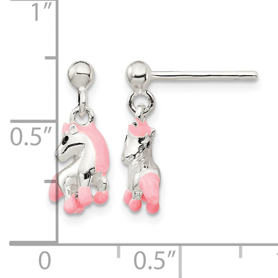 Sterling Silver Polished Pink & Black Enameled Horse Children's Post Dangle Earrings