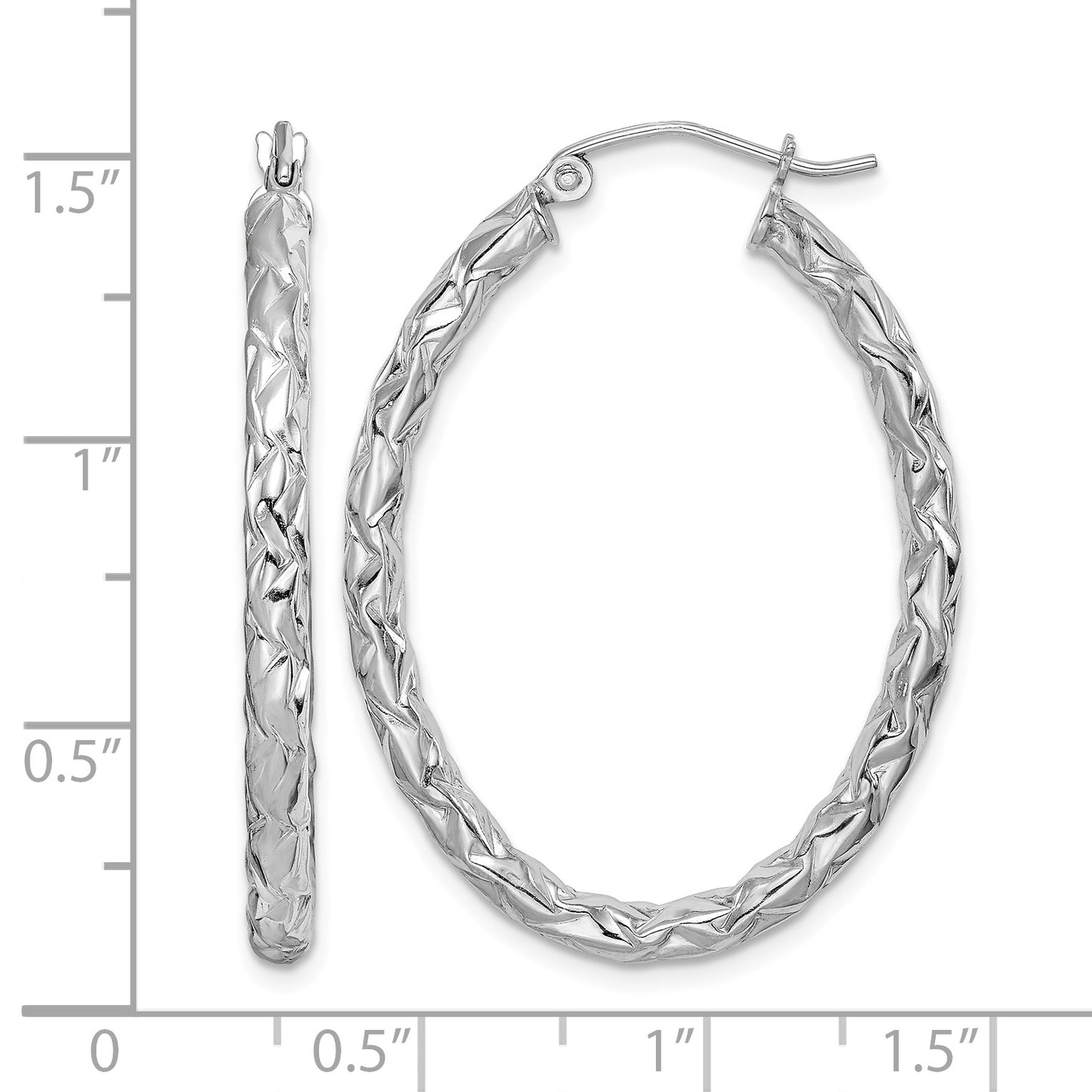 Sterling Silver RH-plated D/C Textured 3mm Oval Hoop Earrings