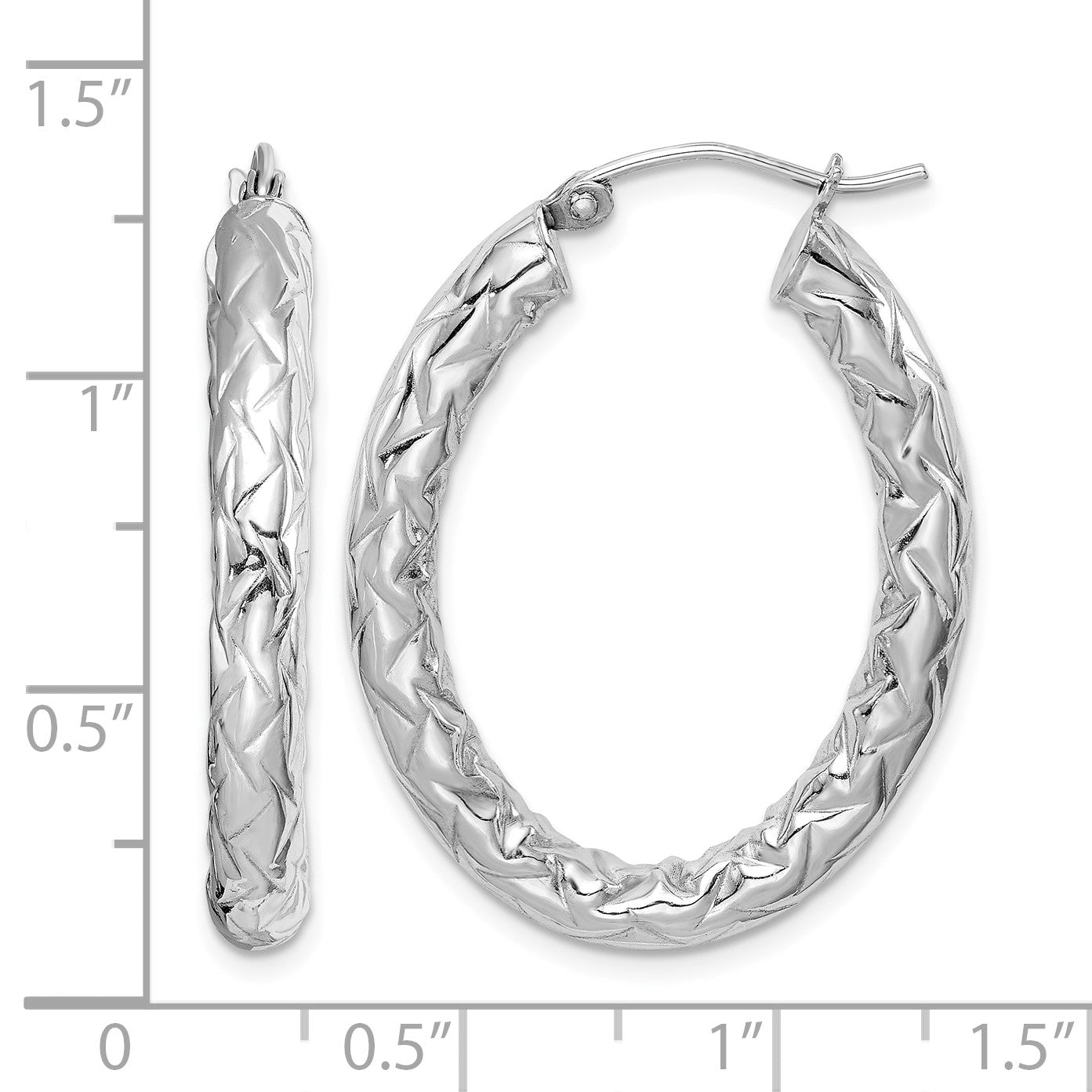 Sterling Silver RH-plated D/C Textured 4mm Oval Hoop Earrings