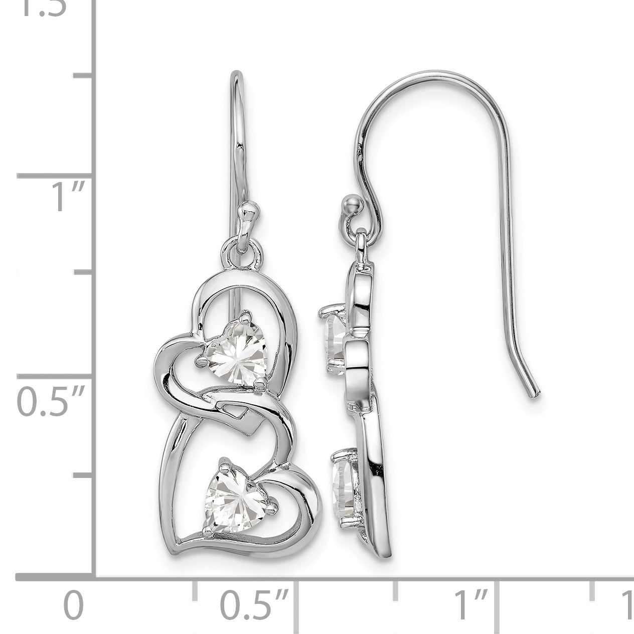 Sterling Silver RH-plated CZ Heart Dangle Shepherd Hook Earrings
