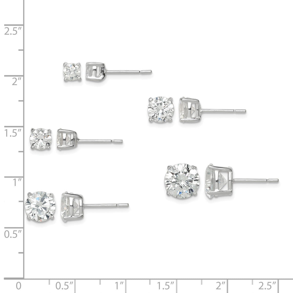Sterling Silver Polished Round CZ 5-Pair Post Earrings Set