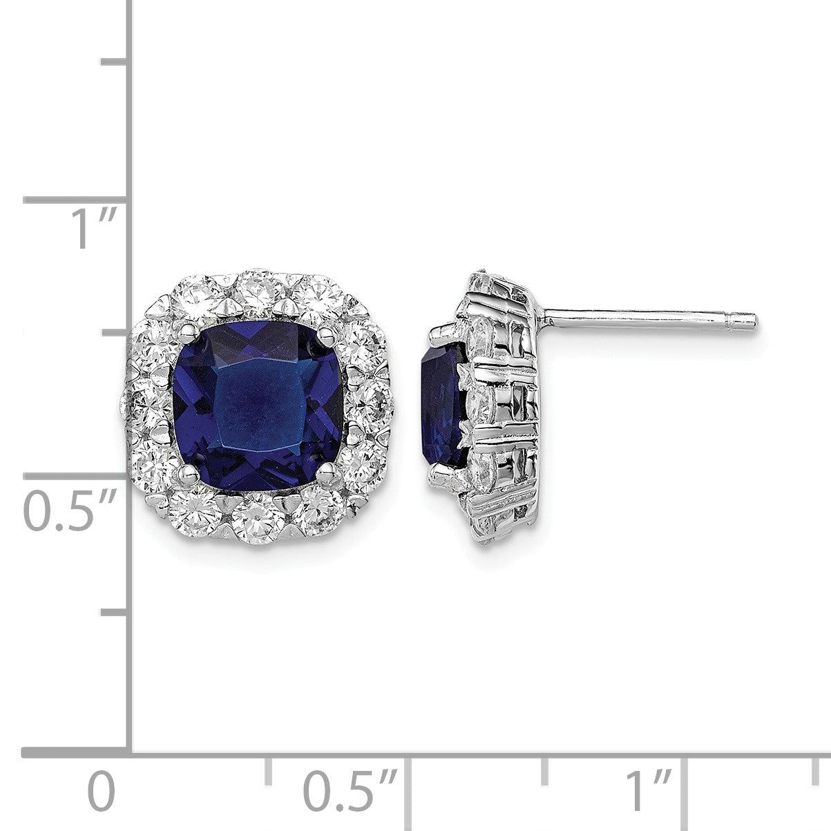 Sterling Silver Rhodium-plated Blue Glass and CZ Post Earrings