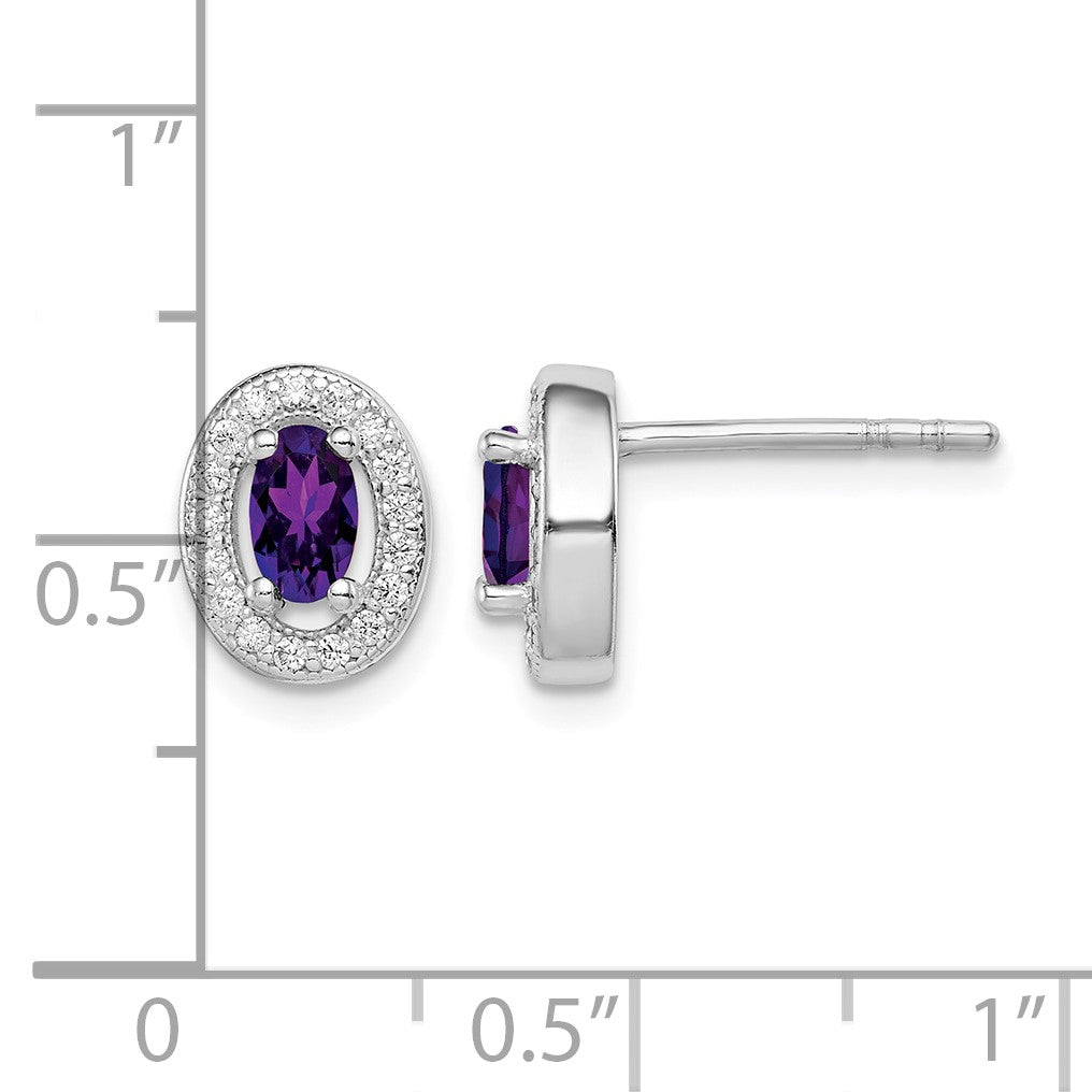 Sterling Silver Rhod-plated w/ Purple and White CZ Oval Stud Earrings