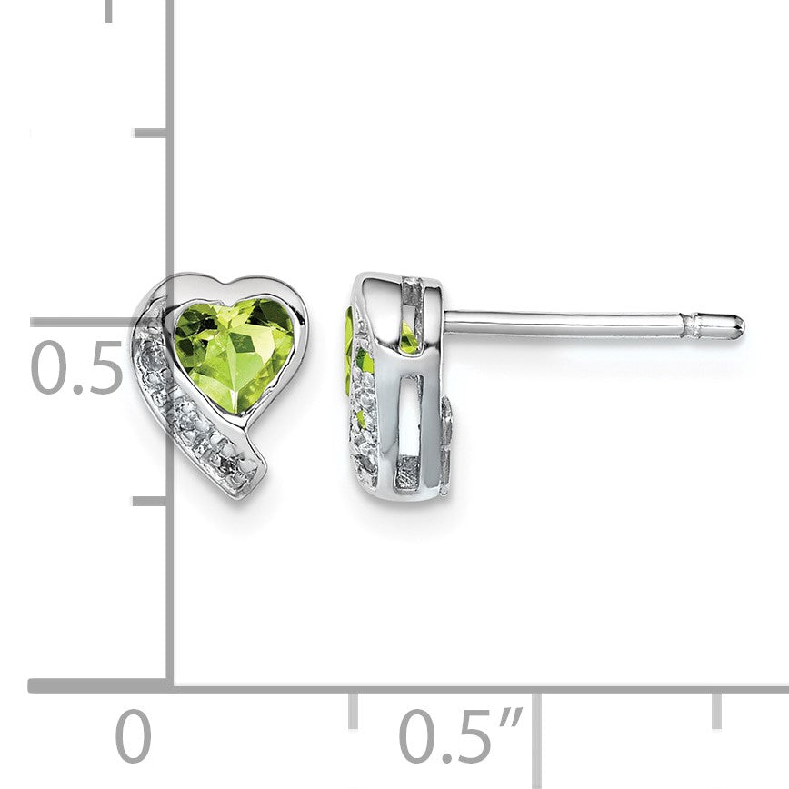 Sterling Silver Rhodium-plated Peridot and Diamond Heart Earrings