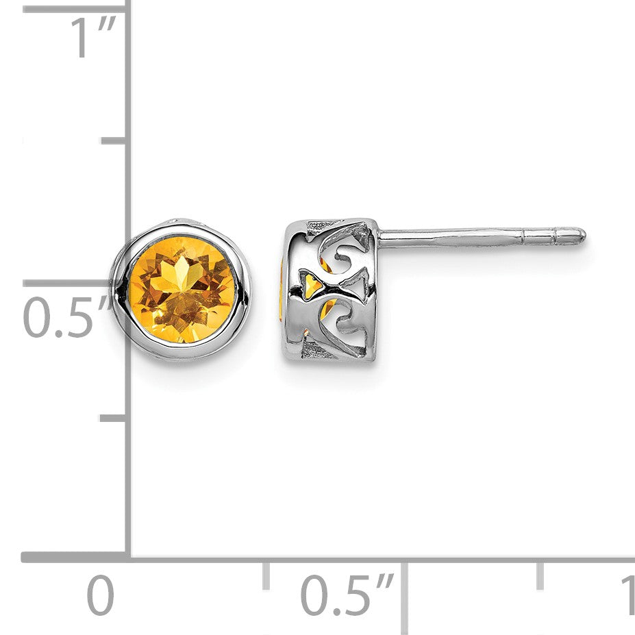 Sterling Silver Rhodium-plated Polished Citrine Round Post Earrings