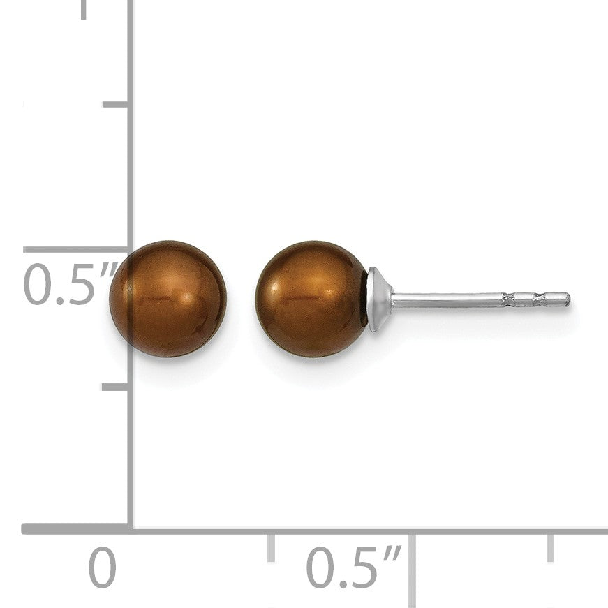 Sterling Silver Rhodium-plated 5-6mm Brown Round Freshwater Cultured Pearl Post Earring