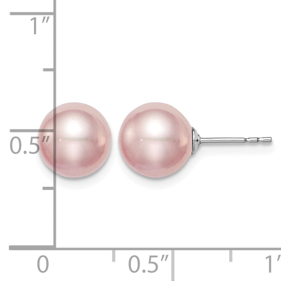 Sterling Silver Rhodium-plated 8-9mm Purple Round Freshwater Cultured Pearl Post Earring