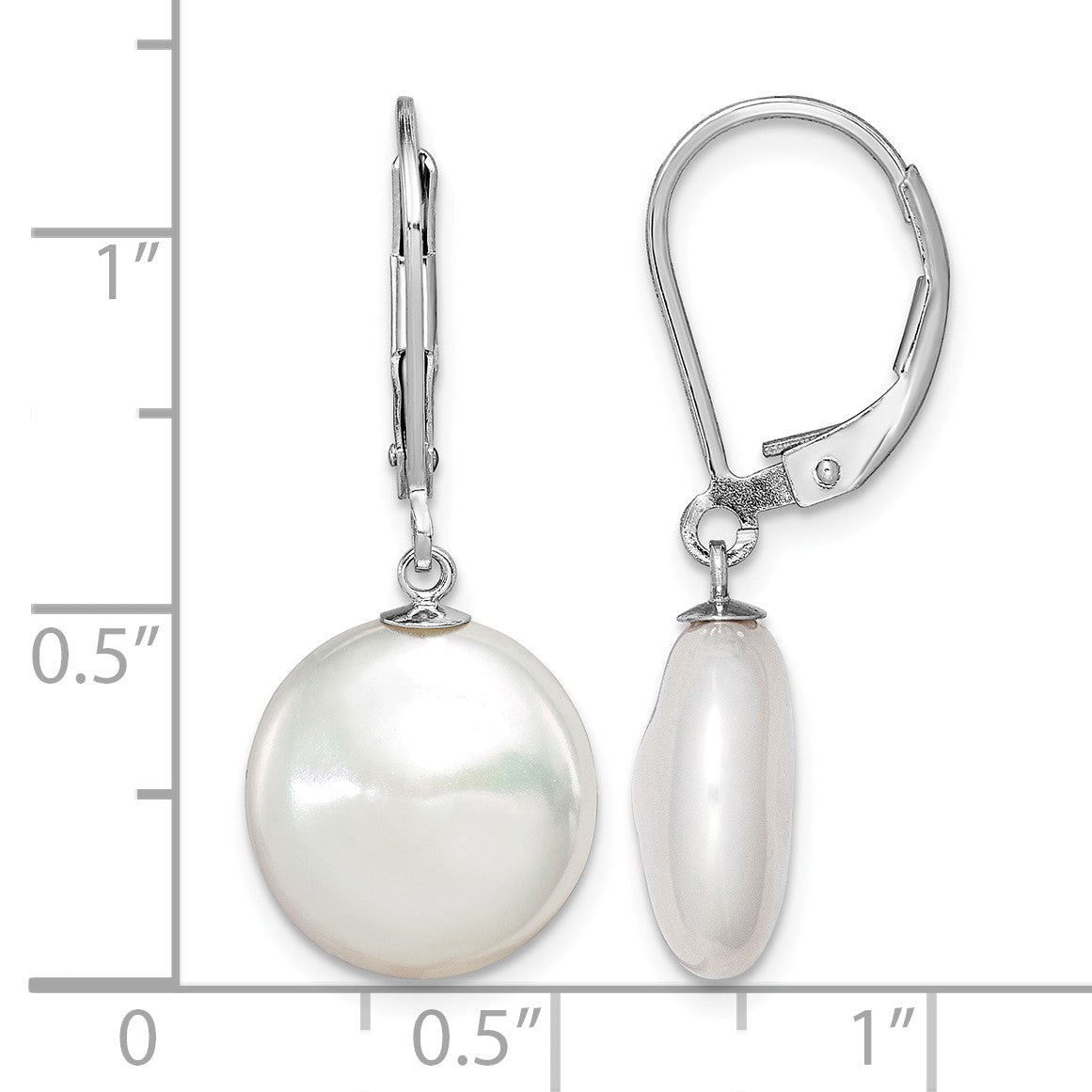 Sterling Silver Rhodium-plated 12-13mm White Coin Freshwater Cultured Pearl Leverback Dangle Earrings