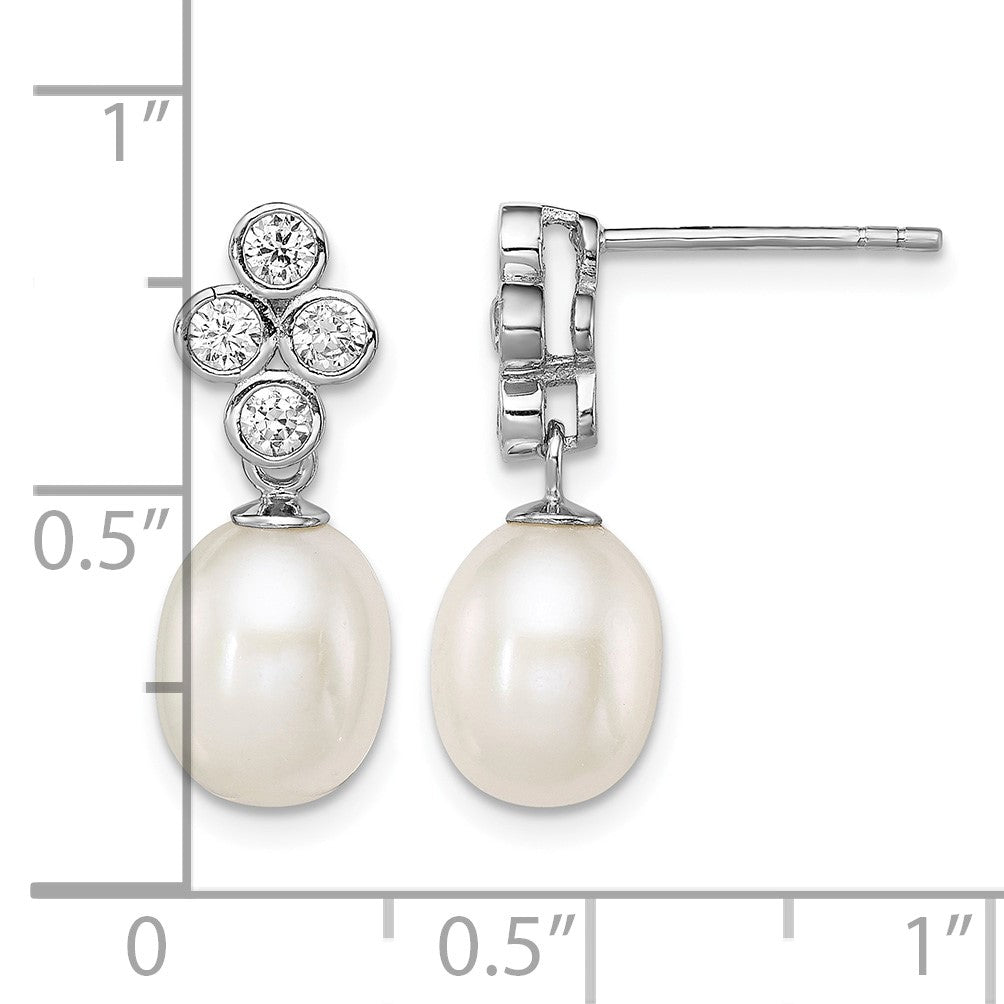 Sterling Silver Rhodium-plated 7-8mm White Rice Freshwater Cultured Pearl and CZ Post Dangle Earrings