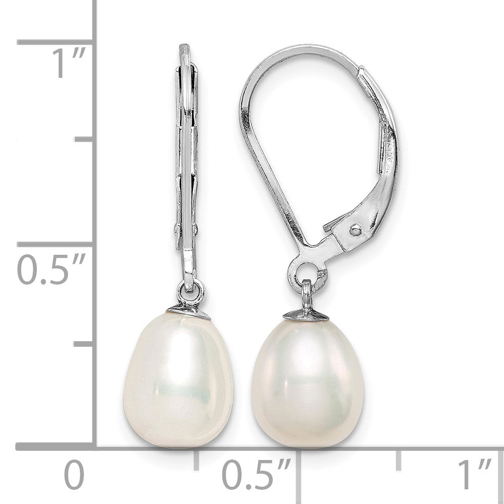 Sterling Silver Rhodium-plated 7-8mm White Teardrop Freshwater Cultured Pearl Leverback Dangle Earrings