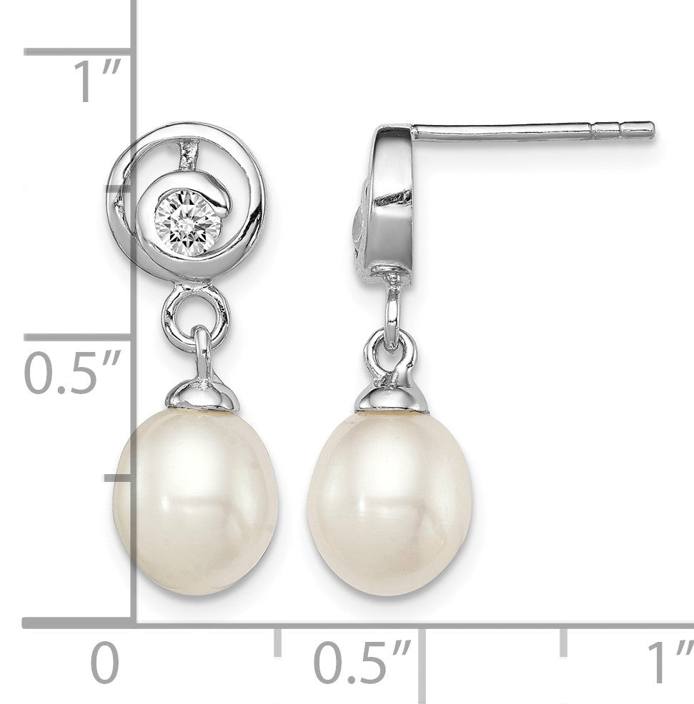 Sterling Silver Rhodium-plated 7-8mm White Rice Freshwater Cultured Pearl and CZ Post Dangle Earrings