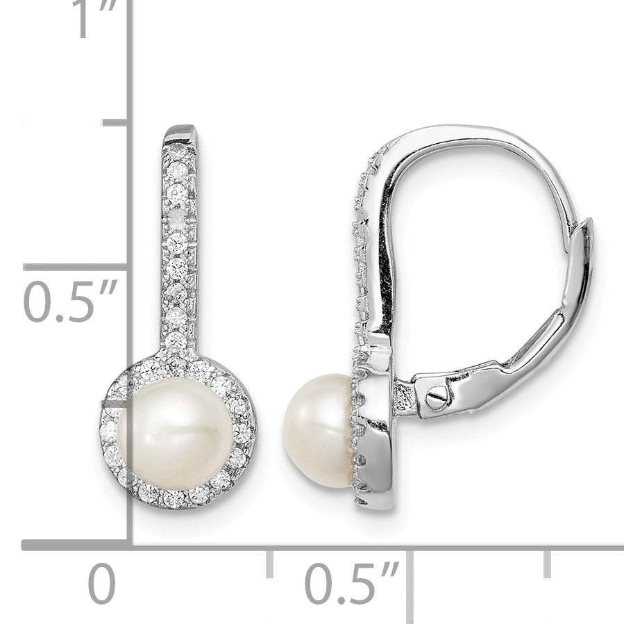 Sterling Silver Rhodium-plated 5-6mm White Button Freshwater Cultured Pearl and CZ Halo Leverback Dangle Earrings