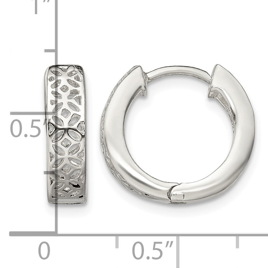 Sterling Silver Polished Cut-out Design Hinged Hoop Earrings
