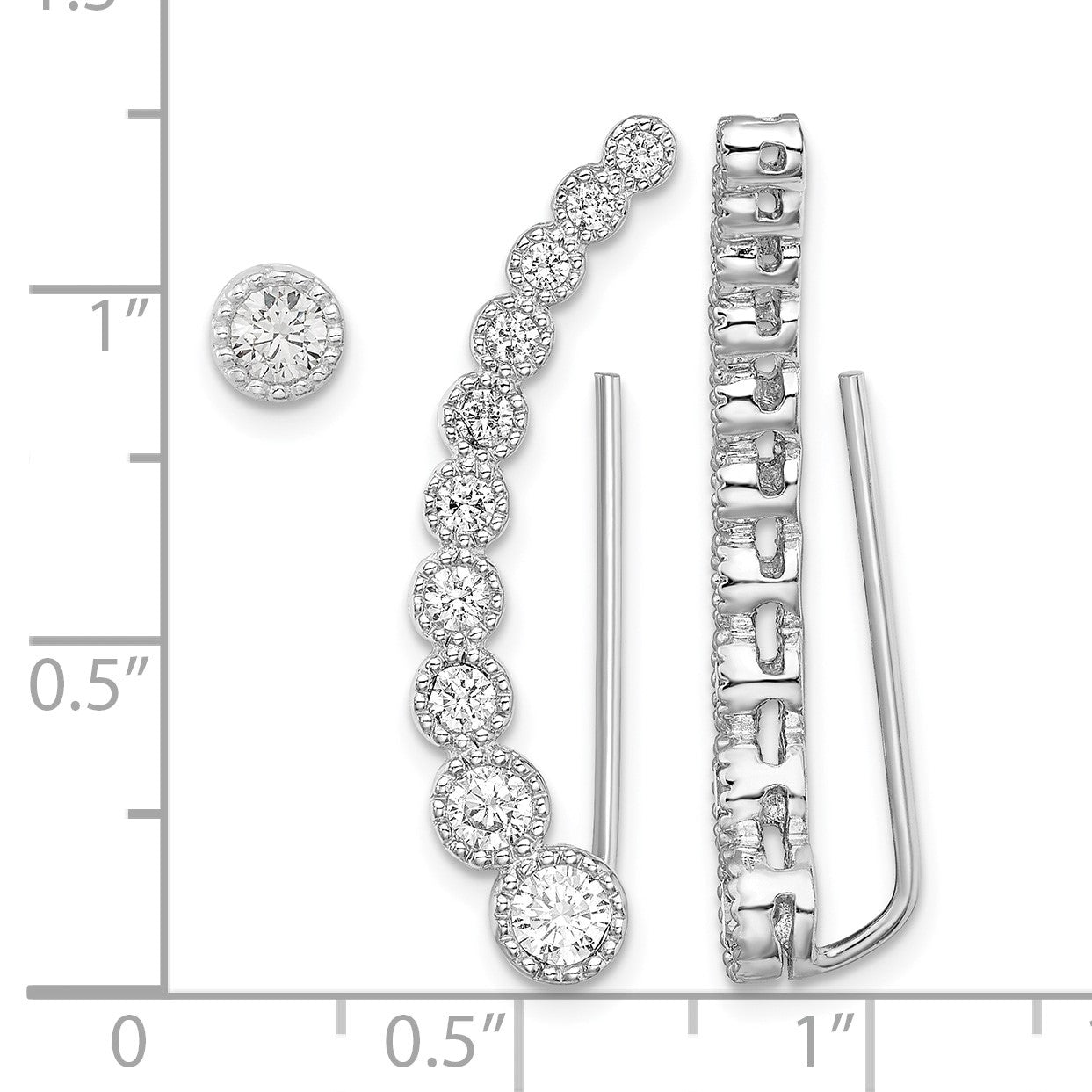 Sterling Silver RH-plated Polished & Textured CZ 1 Ear Climber & 1 Stud Ear