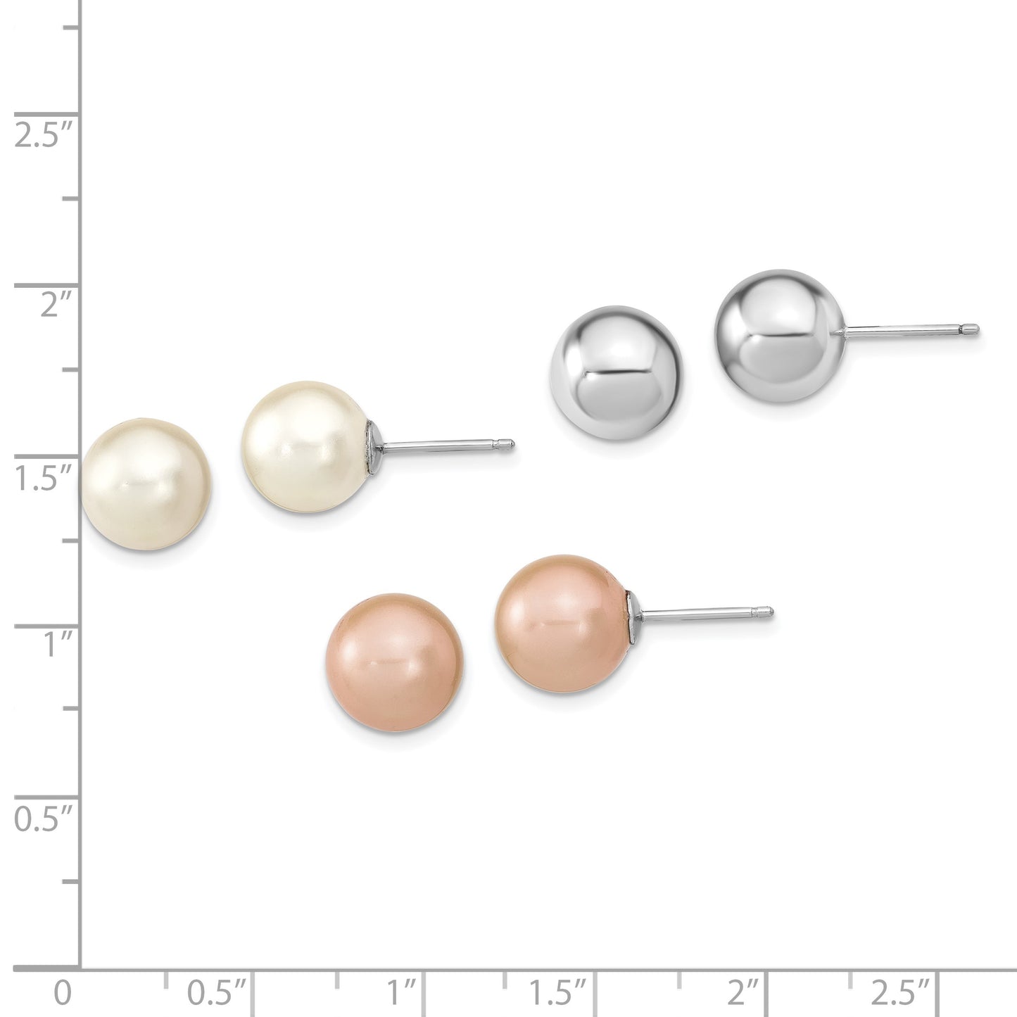 Sterling Silver Rh-pl 10-11mm Wht/Pink Imitation Shell Pearl 3 Earring Set