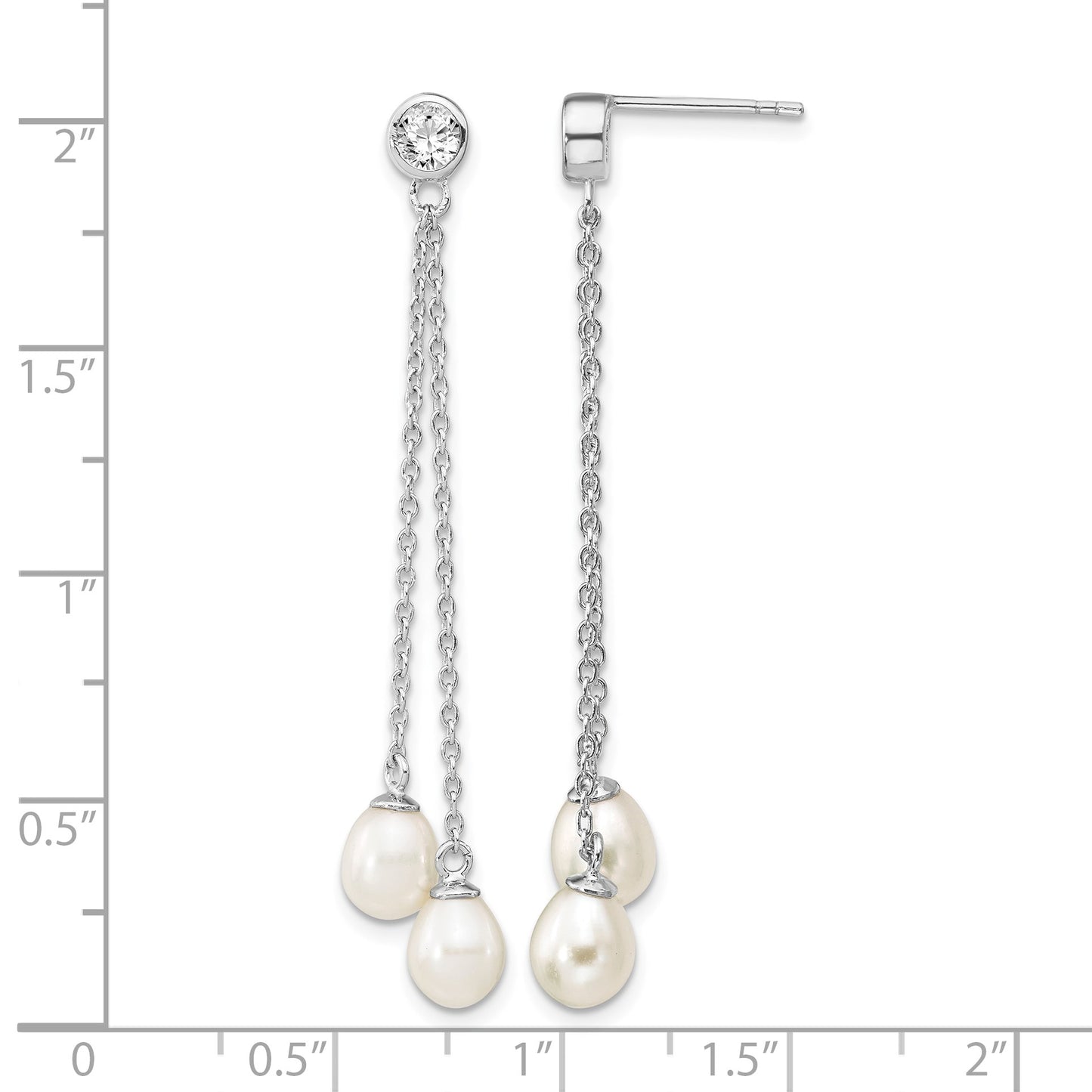 Sterling Silver Rhodium-plated 6-7mm White Rice Freshwater Cultured Pearl and CZ Post Dangle Earrings